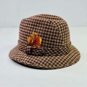 Vintage Fedora houndstooth tan brown wool feather size large